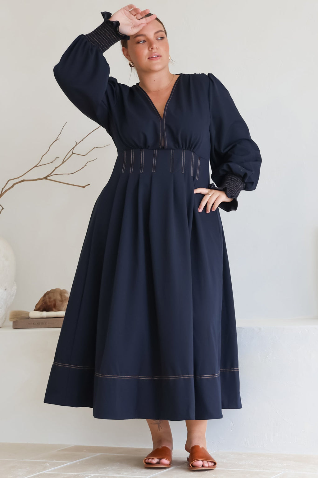 Karey Midi Dress - Dark Denim Fit and Flare Contrast Stitching Midi Dress — gallery