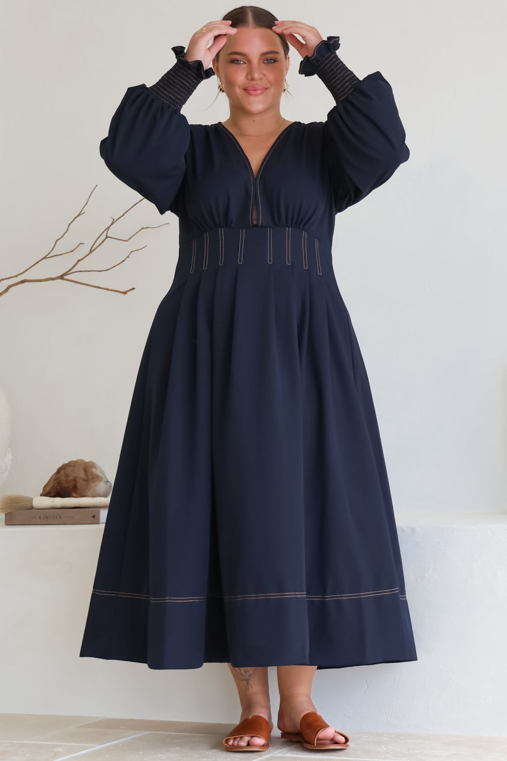 Karey Midi Dress - Dark Denim Fit and Flare Contrast Stitching Midi Dress — gallery
