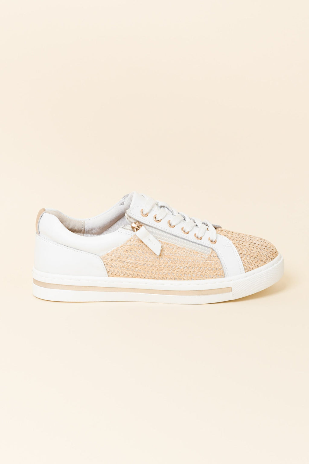 Koko White Raffia Leather Zip Sneaker for Women