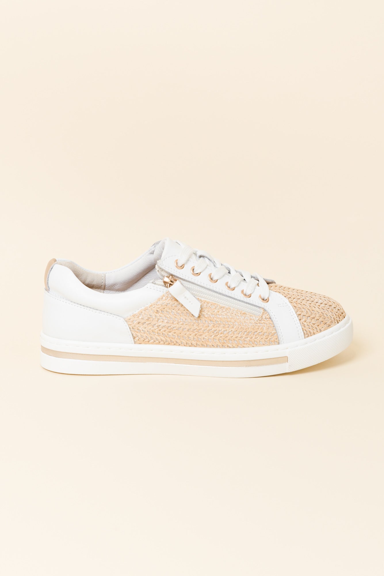 Koko White Raffia Leather Zip Sneaker for Women