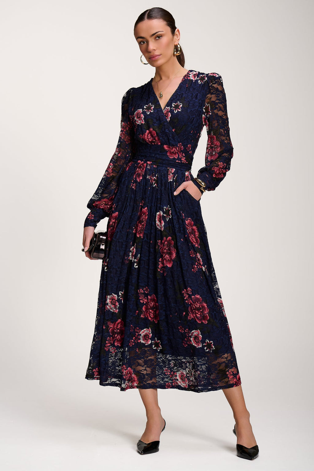 Long Sleeve Printed Lace Midaxi Dress, Navy Floral for Women