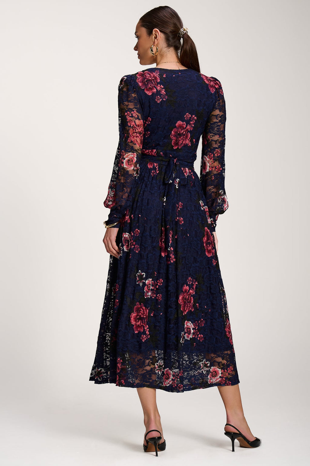 Long Sleeve Printed Lace Midaxi Dress, Navy Floral for Women - gallery