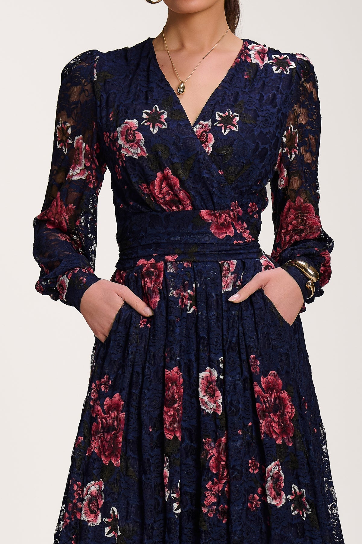Long Sleeve Printed Lace Midaxi Dress, Navy Floral for Women - gallery