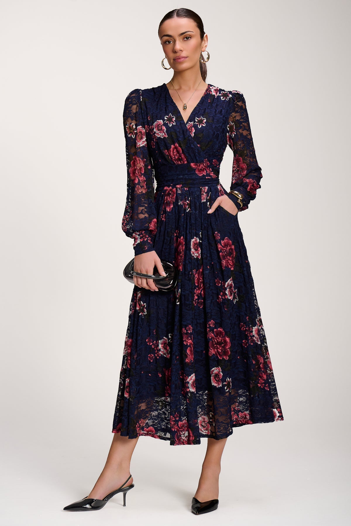 Long Sleeve Printed Lace Midaxi Dress, Navy Floral for Women - gallery