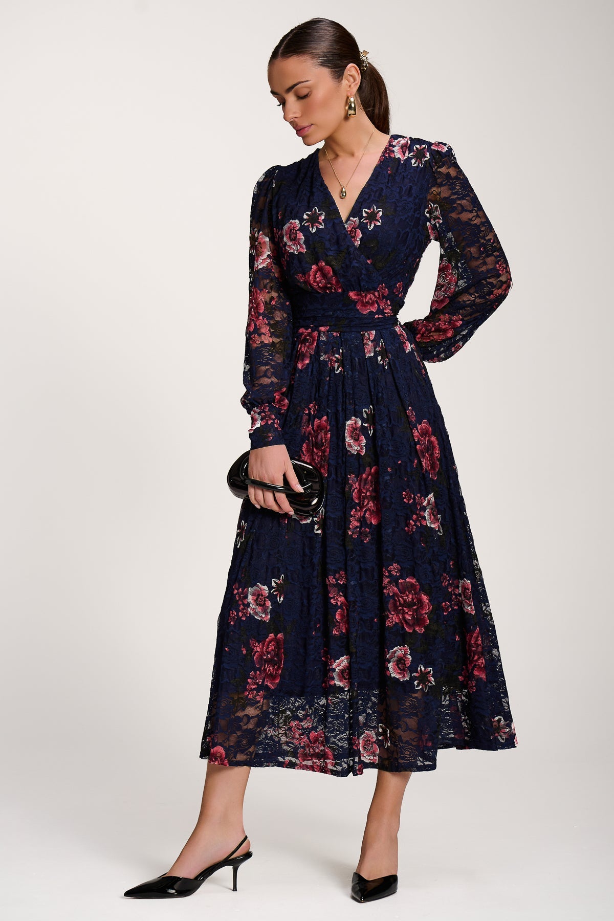 Long Sleeve Printed Lace Midaxi Dress, Navy Floral for Women - gallery