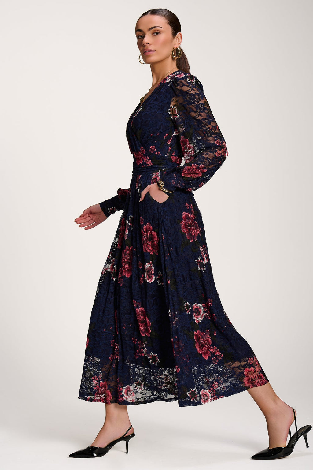 Long Sleeve Printed Lace Midaxi Dress, Navy Floral for Women - gallery