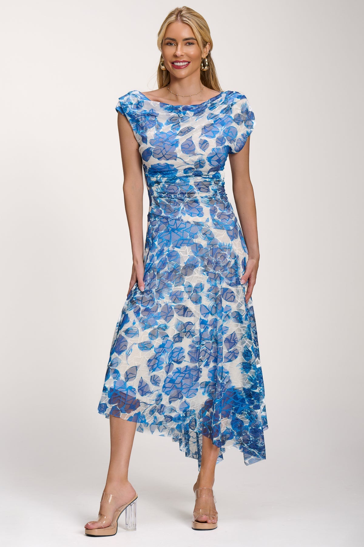 Asymmetric Draped Print Lace Maxi Dress, Blue Floral for Women