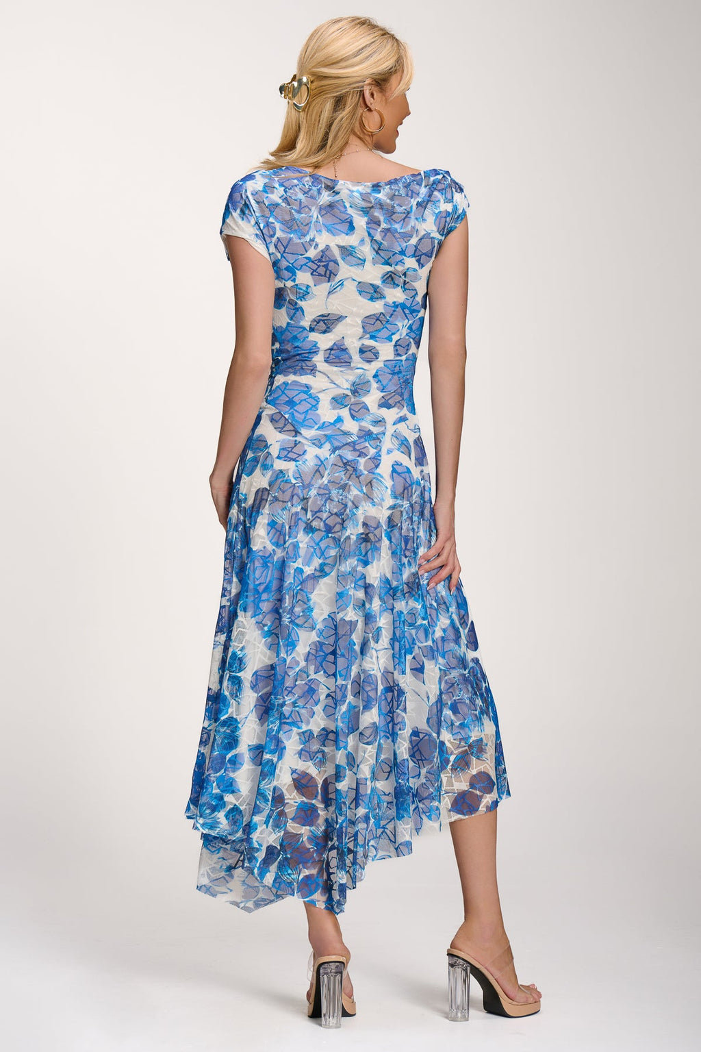 Asymmetric Draped Print Lace Maxi Dress, Blue Floral for Women - gallery
