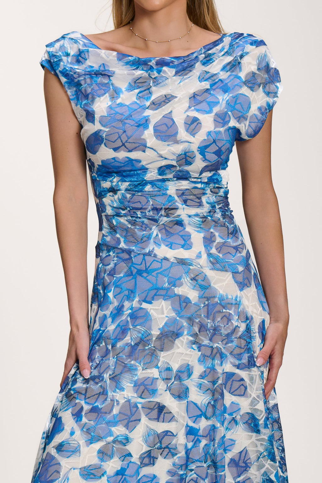 Asymmetric Draped Print Lace Maxi Dress, Blue Floral for Women - gallery