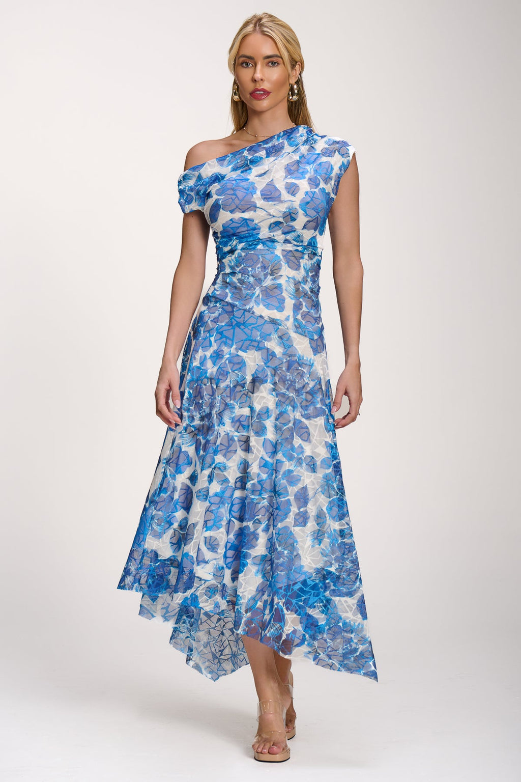 Asymmetric Draped Print Lace Maxi Dress, Blue Floral for Women - gallery