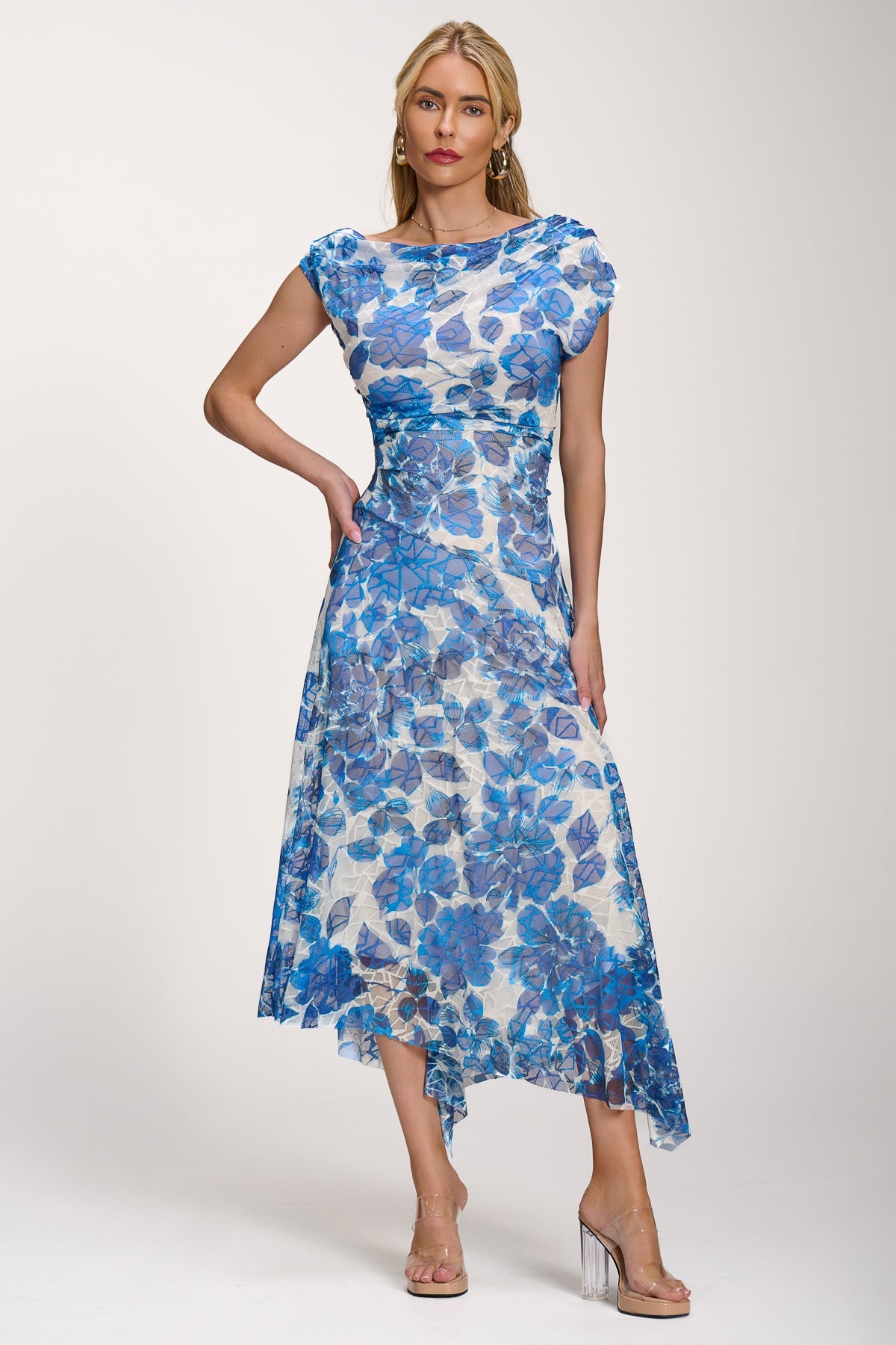 Asymmetric Draped Print Lace Maxi Dress, Blue Floral for Women - gallery