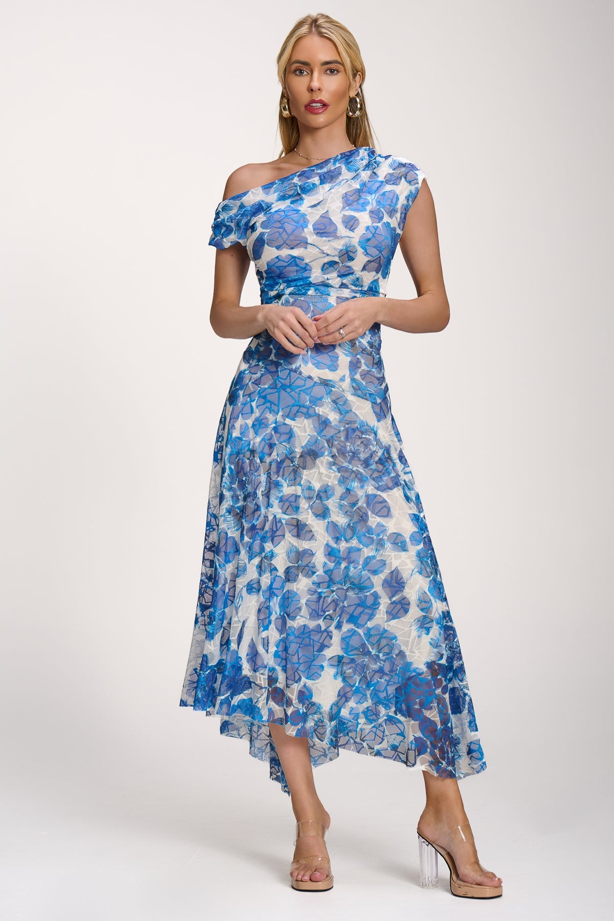 Asymmetric Draped Print Lace Maxi Dress, Blue Floral for Women - gallery
