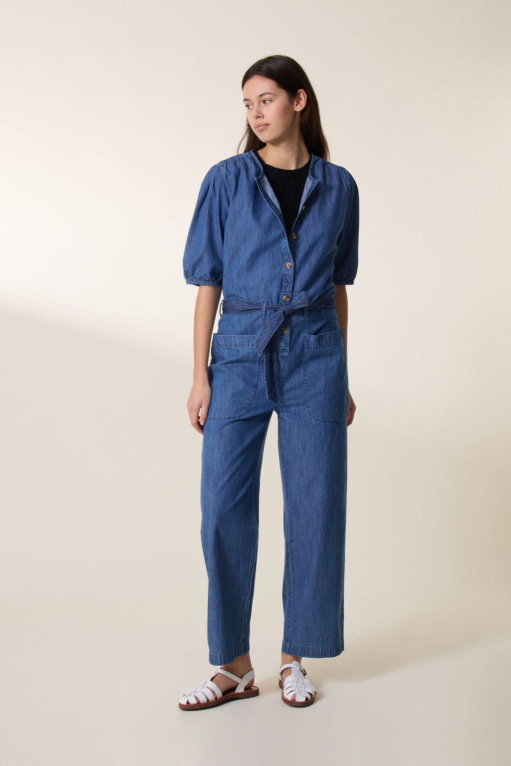 Seventies-Inspired Denim Jumpsuit for Women — Three-Quarter Sleeve - gallery