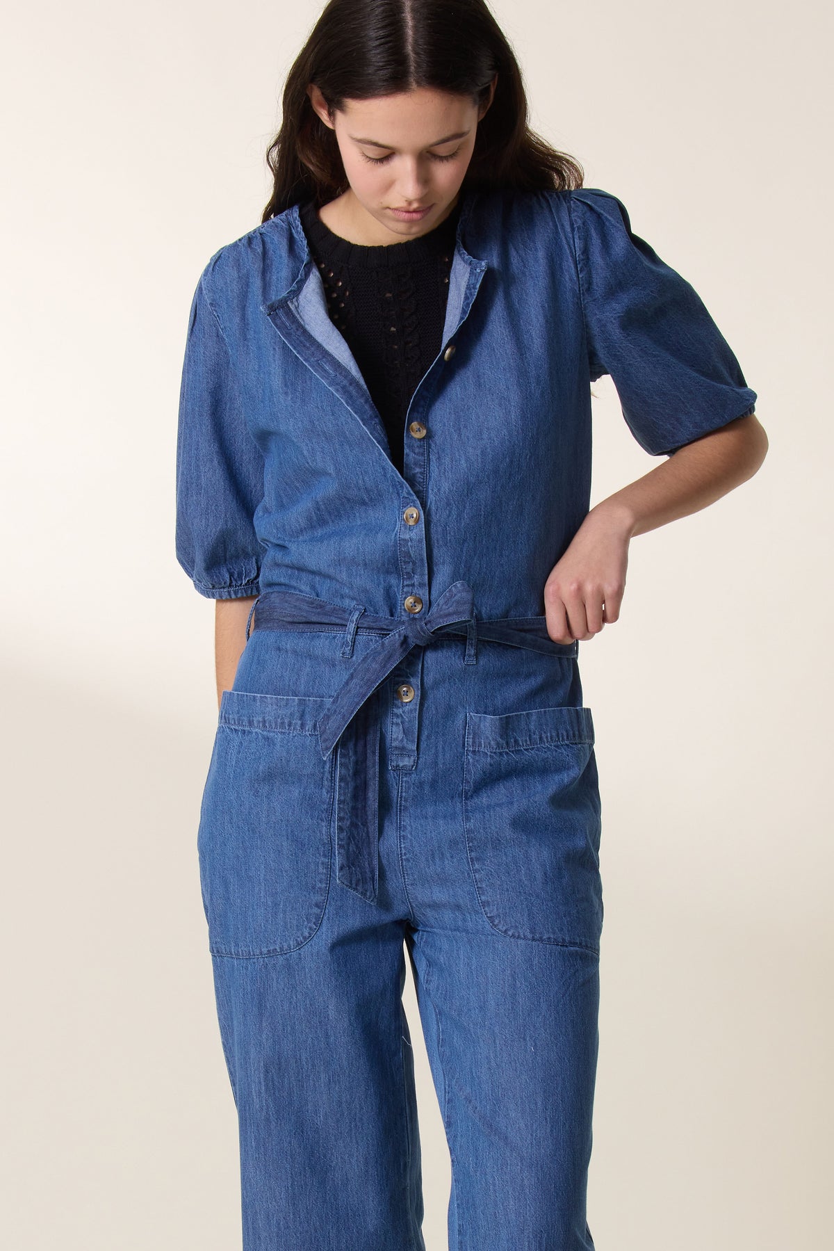 Seventies-Inspired Denim Jumpsuit for Women — Three-Quarter Sleeve - gallery