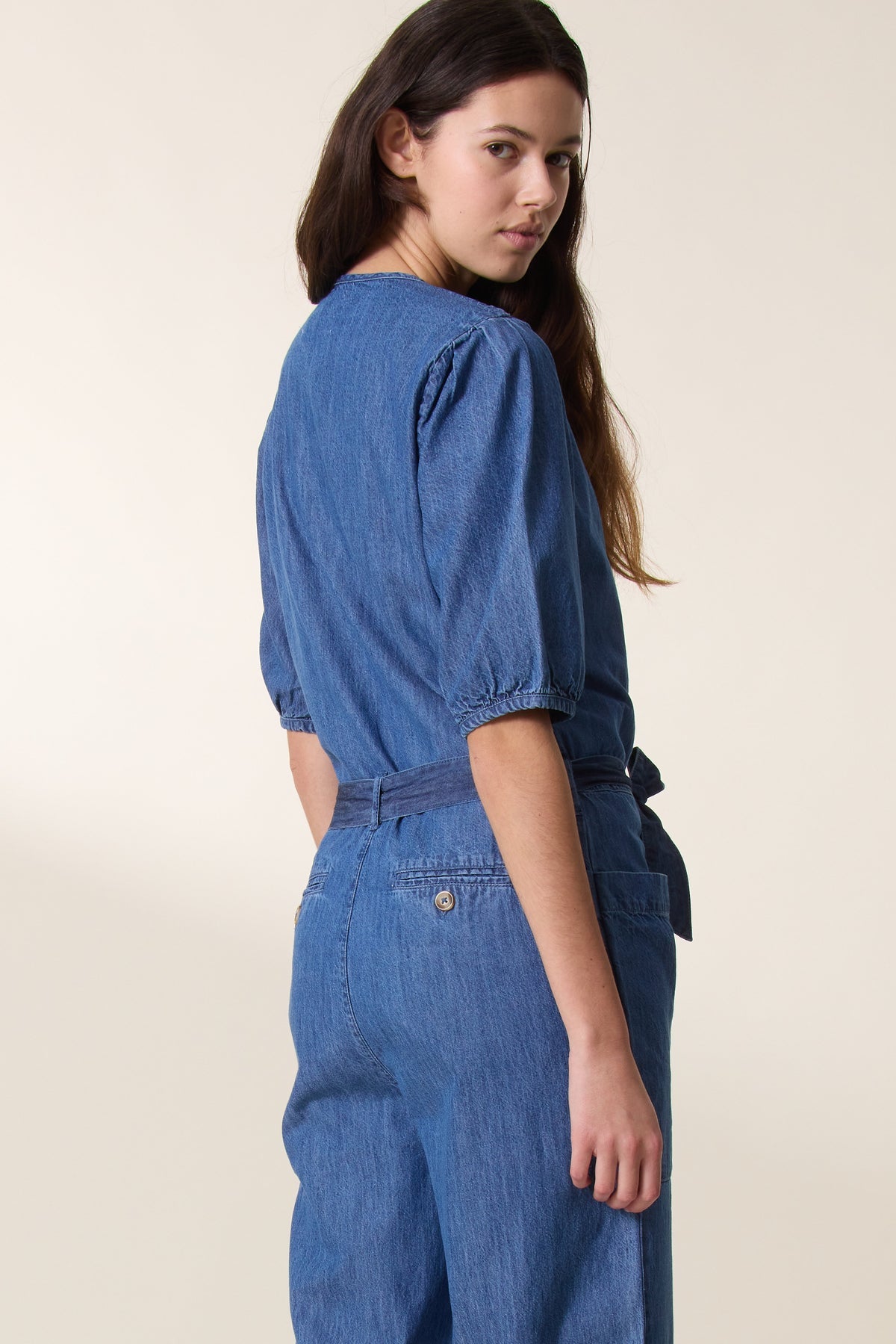 Seventies-Inspired Denim Jumpsuit for Women — Three-Quarter Sleeve - gallery