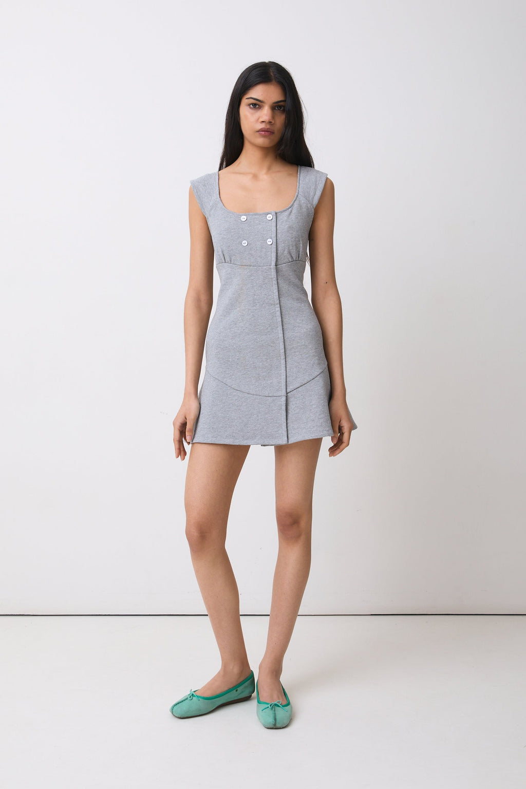 Grey Marl Cotton Mini Dress for Women — Square Neck Double-Breasted - gallery