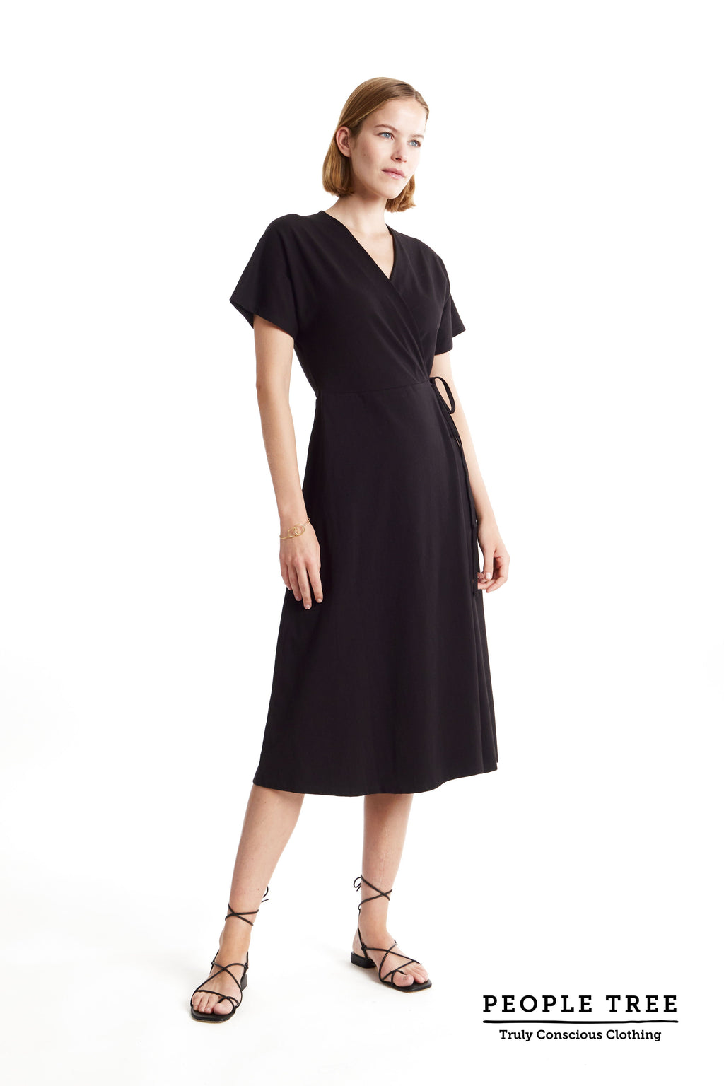 Black Organic Cotton Wrap Dress for Women — Waist Tie - gallery