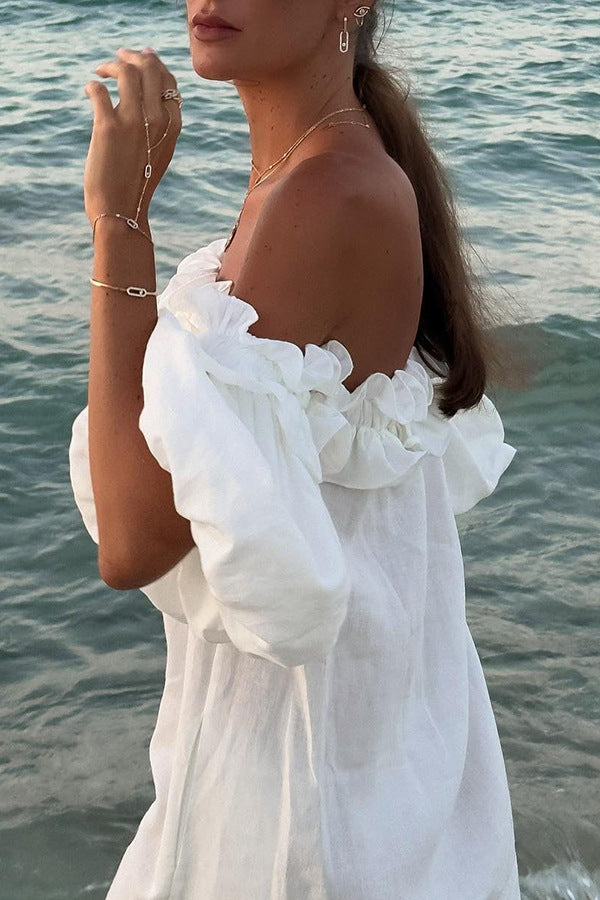 Loose Cotton Linen Midi Dress for Women - White