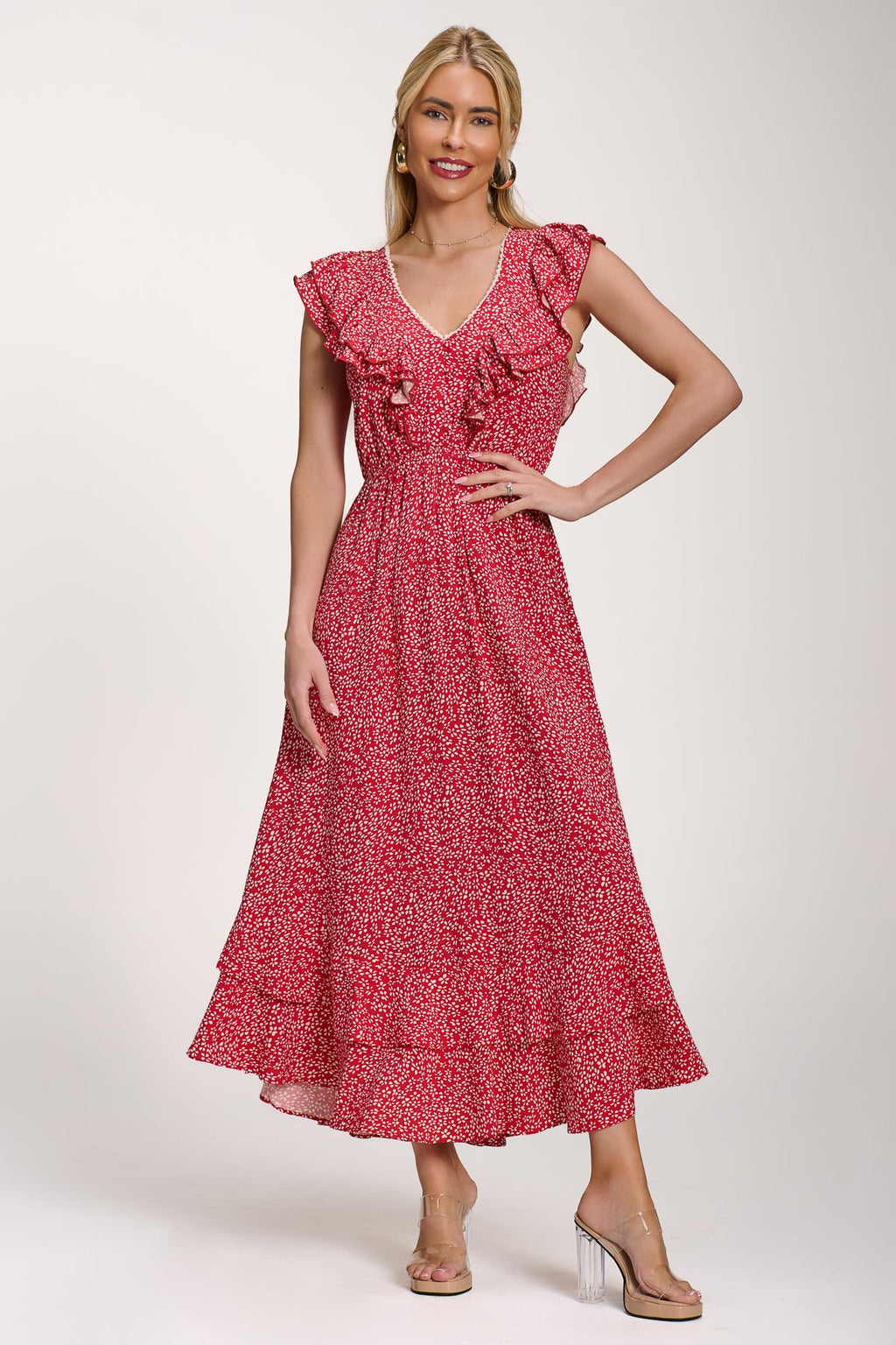 Ruffle V-Neck Viscose Midi Dress, Red Ditsy for Women