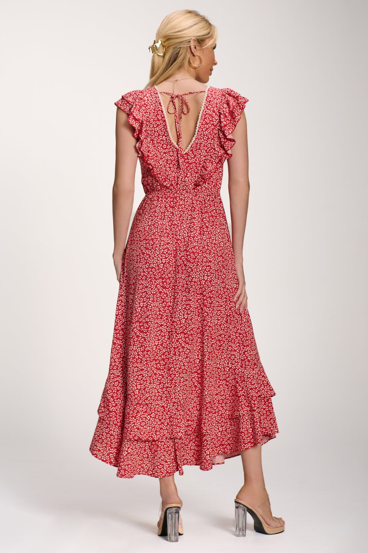 Ruffle V-Neck Viscose Midi Dress, Red Ditsy for Women - gallery