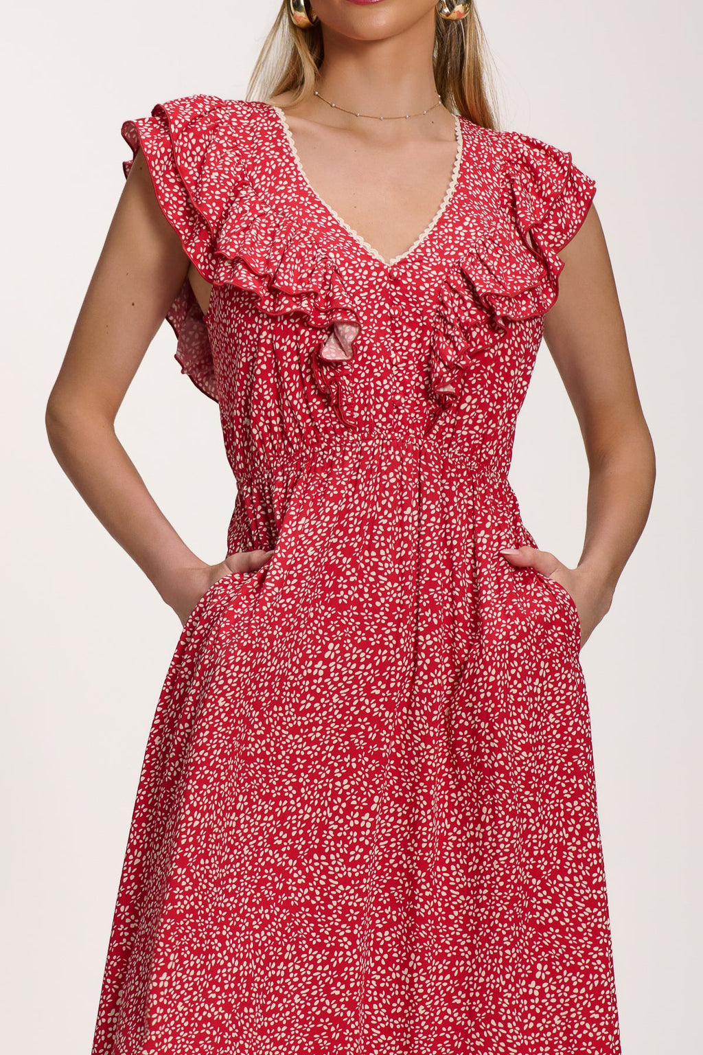 Ruffle V-Neck Viscose Midi Dress, Red Ditsy for Women - gallery