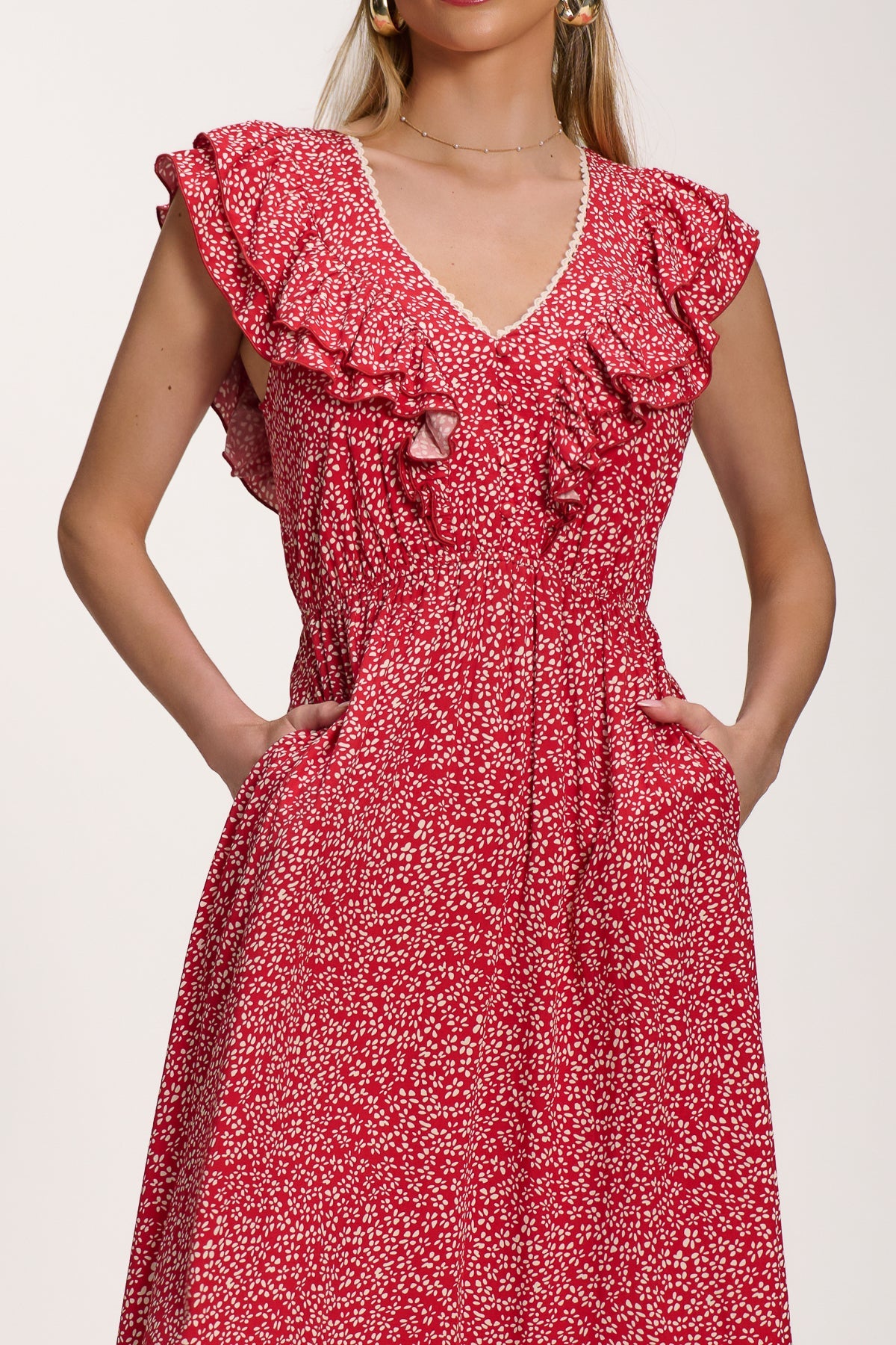Ruffle V-Neck Viscose Midi Dress, Red Ditsy for Women - gallery