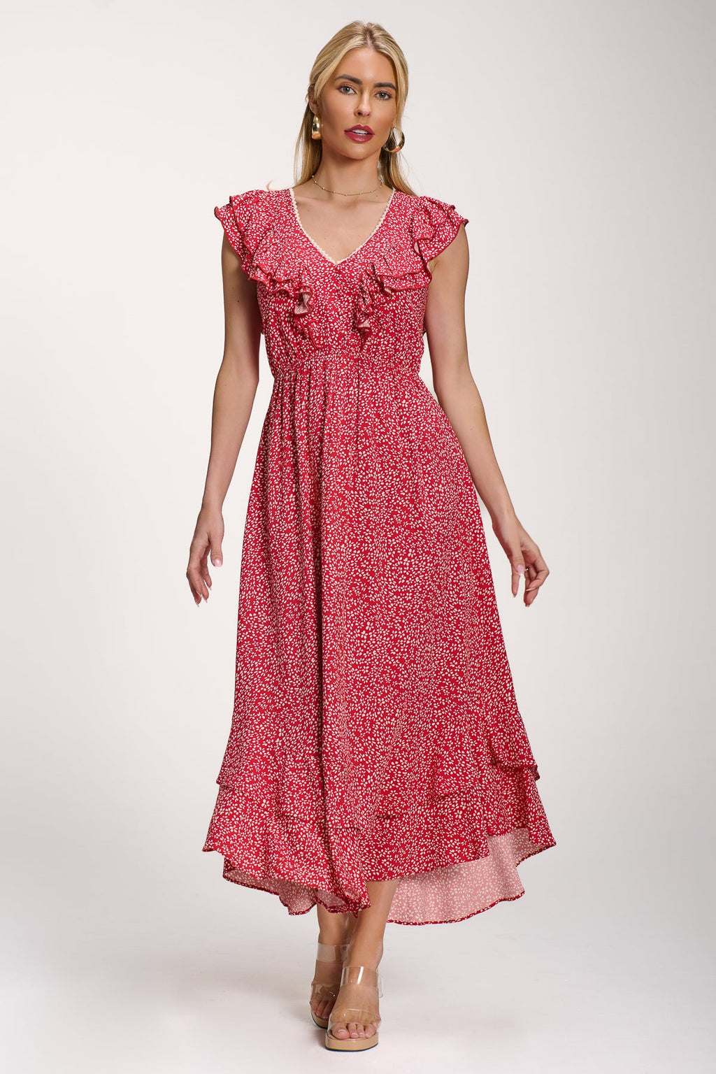 Ruffle V-Neck Viscose Midi Dress, Red Ditsy for Women - gallery