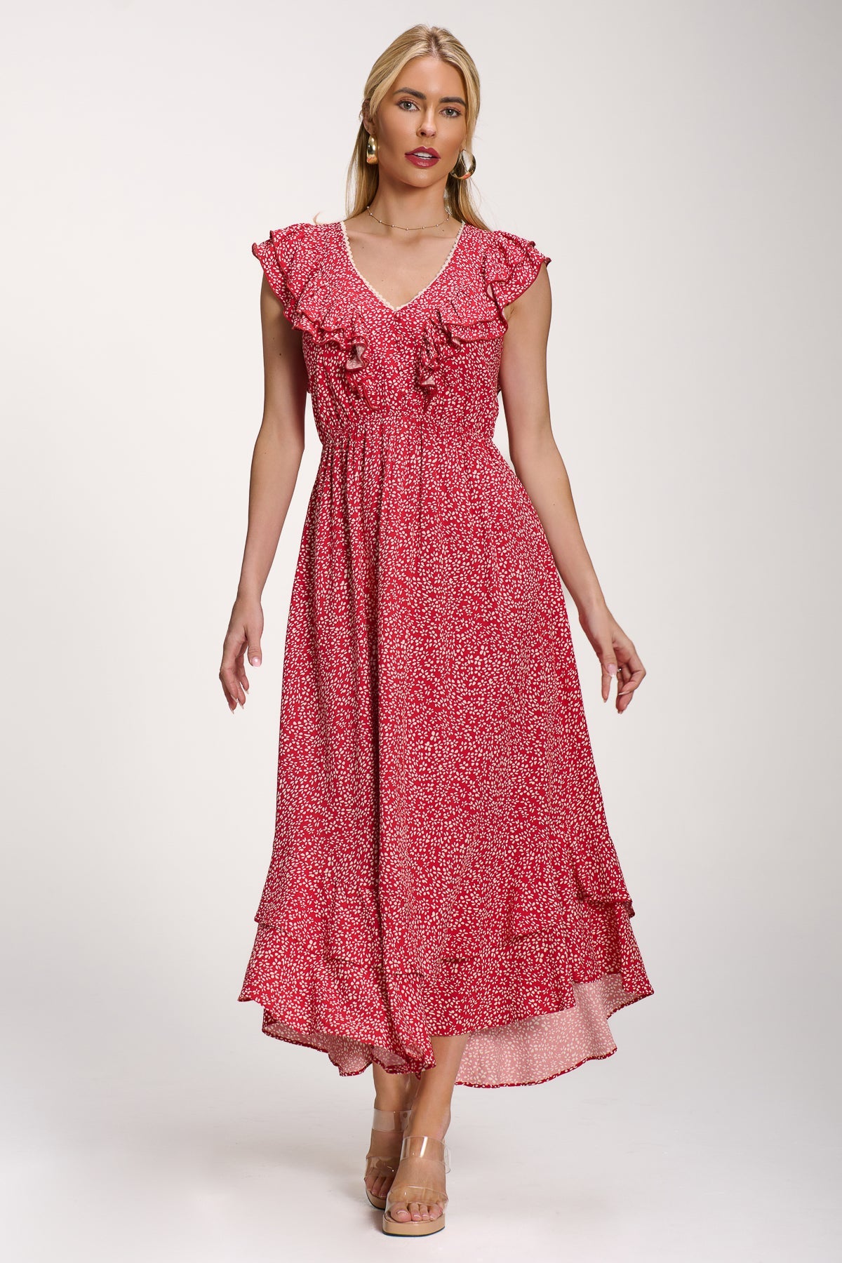 Ruffle V-Neck Viscose Midi Dress, Red Ditsy for Women - gallery