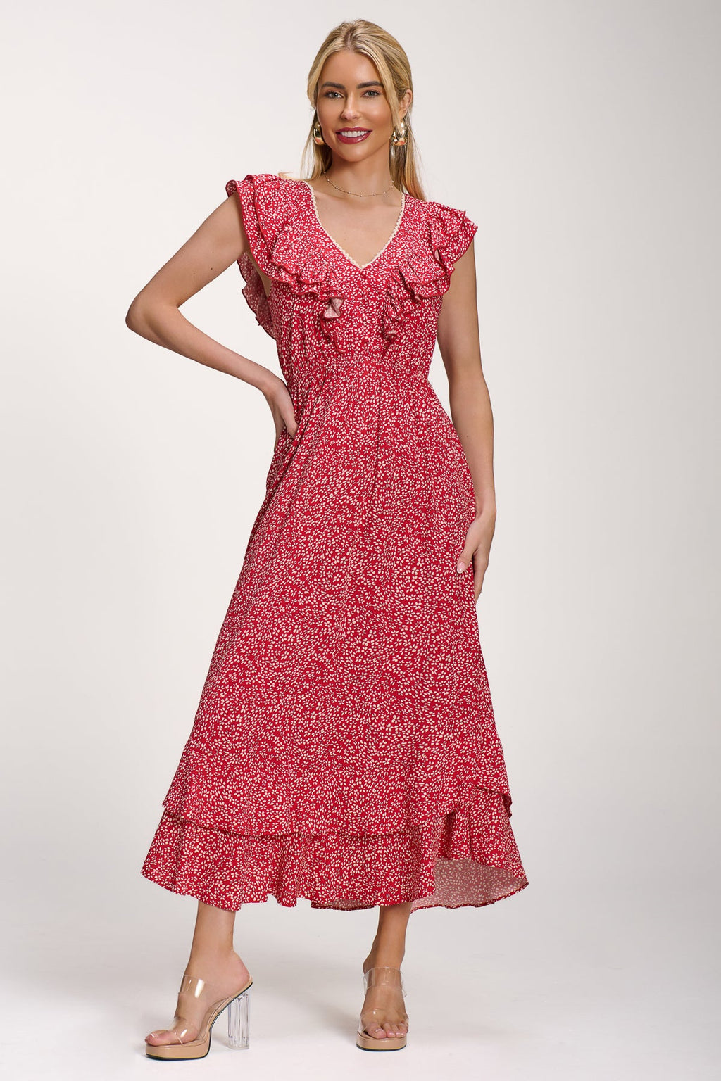 Ruffle V-Neck Viscose Midi Dress, Red Ditsy for Women - gallery