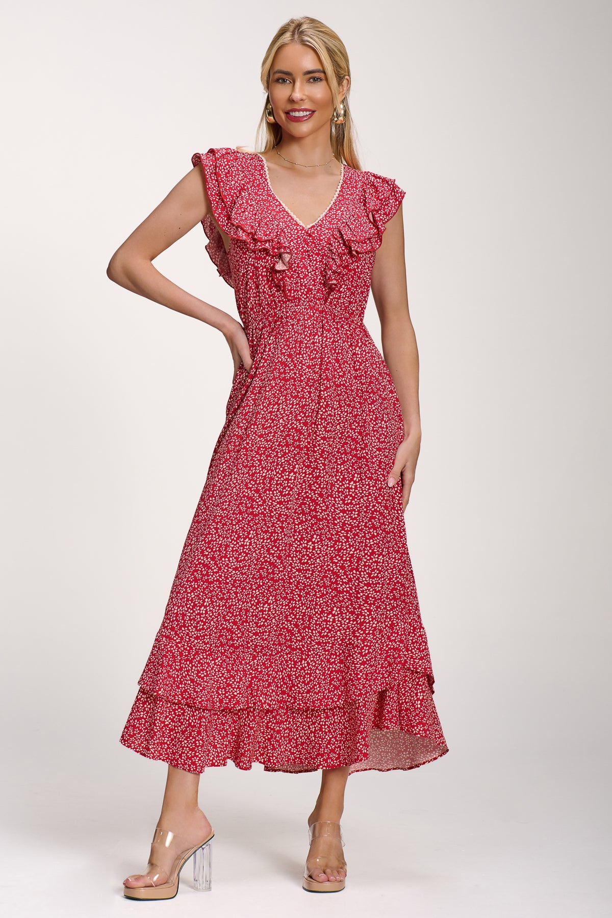 Ruffle V-Neck Viscose Midi Dress, Red Ditsy for Women - gallery