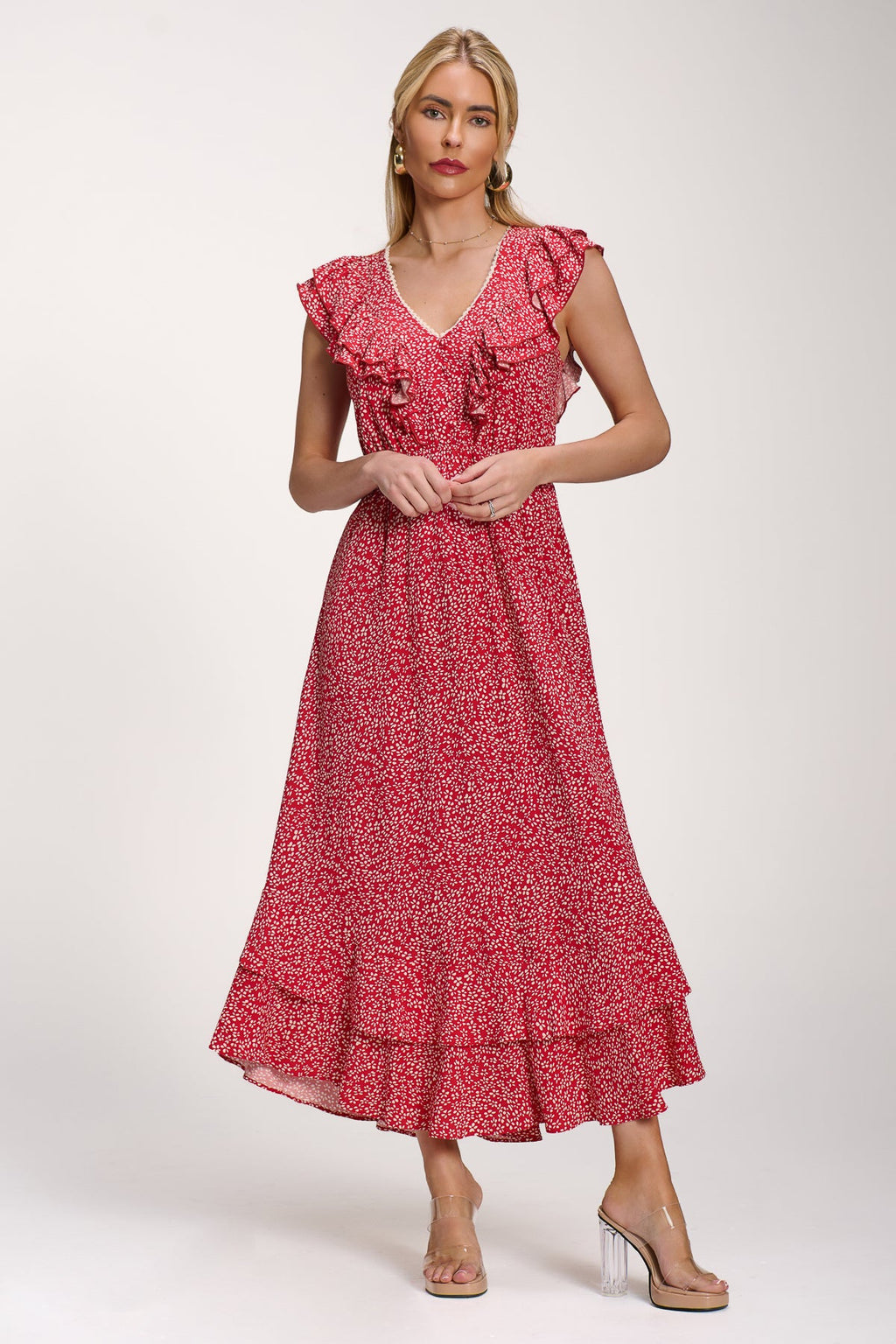 Ruffle V-Neck Viscose Midi Dress, Red Ditsy for Women - gallery