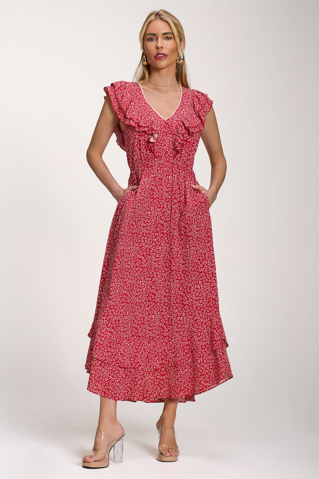 Ruffle V-Neck Viscose Midi Dress, Red Ditsy for Women - gallery
