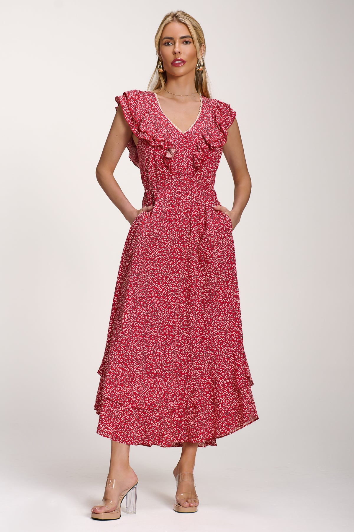 Ruffle V-Neck Viscose Midi Dress, Red Ditsy for Women - gallery