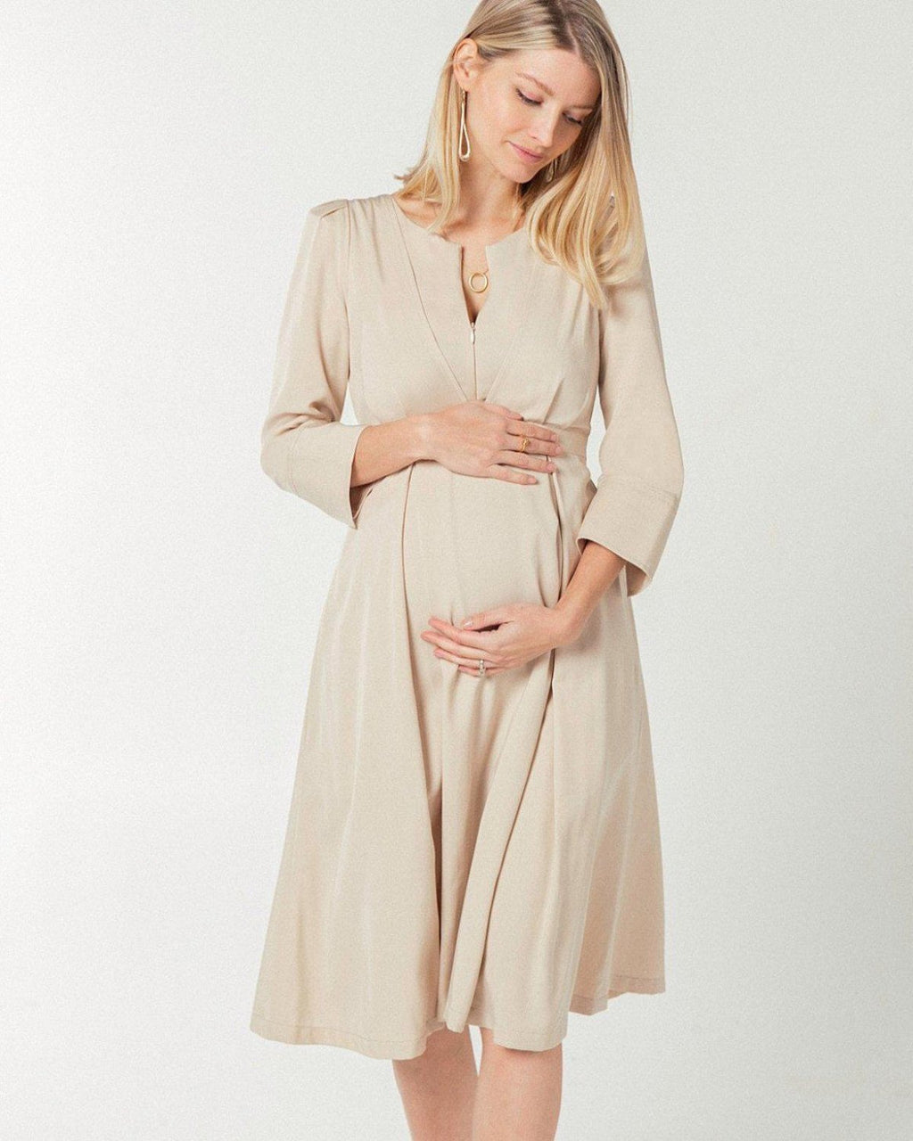 MARION ReNew - Beige Sarah Empire Maternity & Nursing Dress in TENCEL (R... — gallery