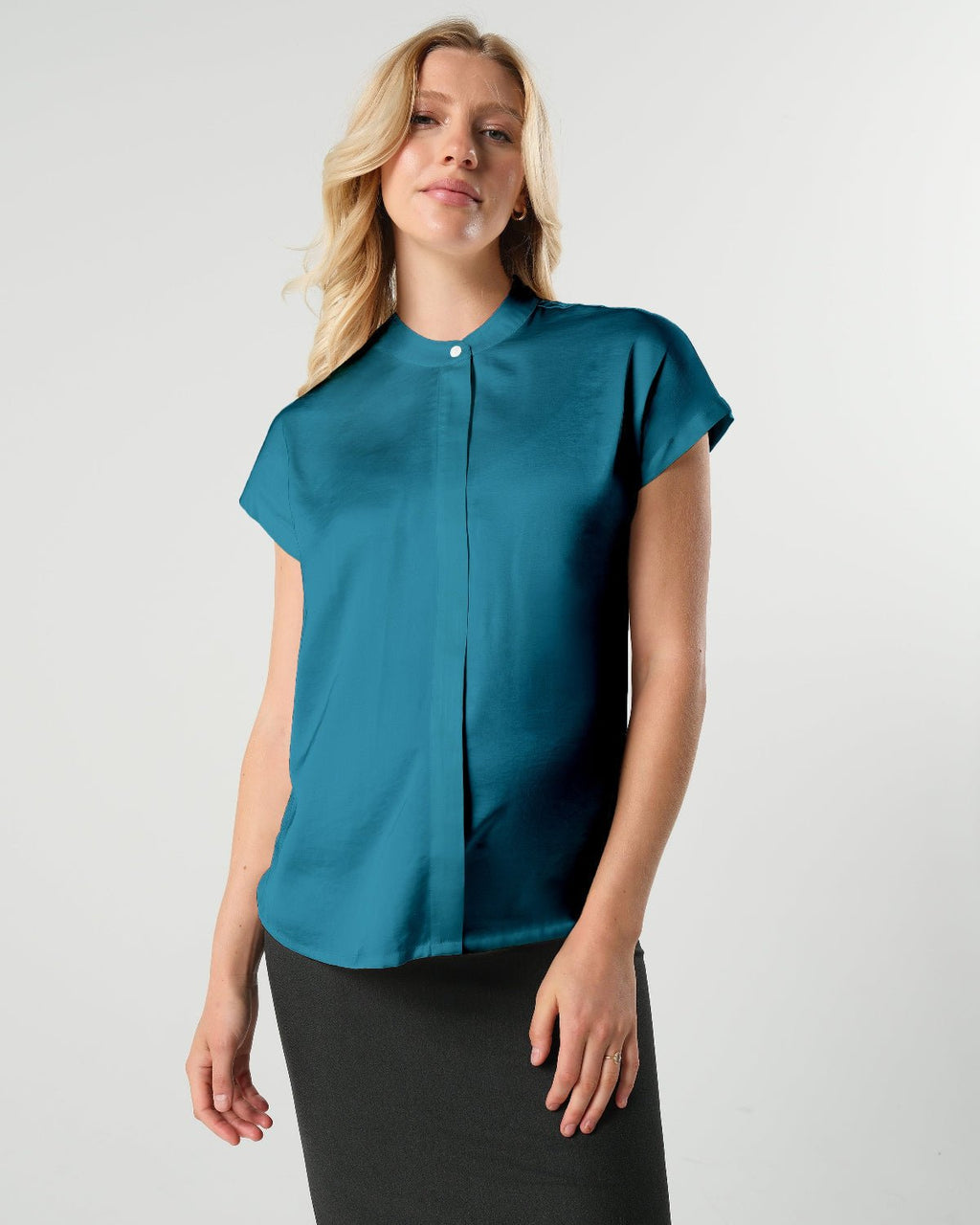 MARION ReNew - Peacock Short Sleeve Satin Maternity Shell Top with Conce...