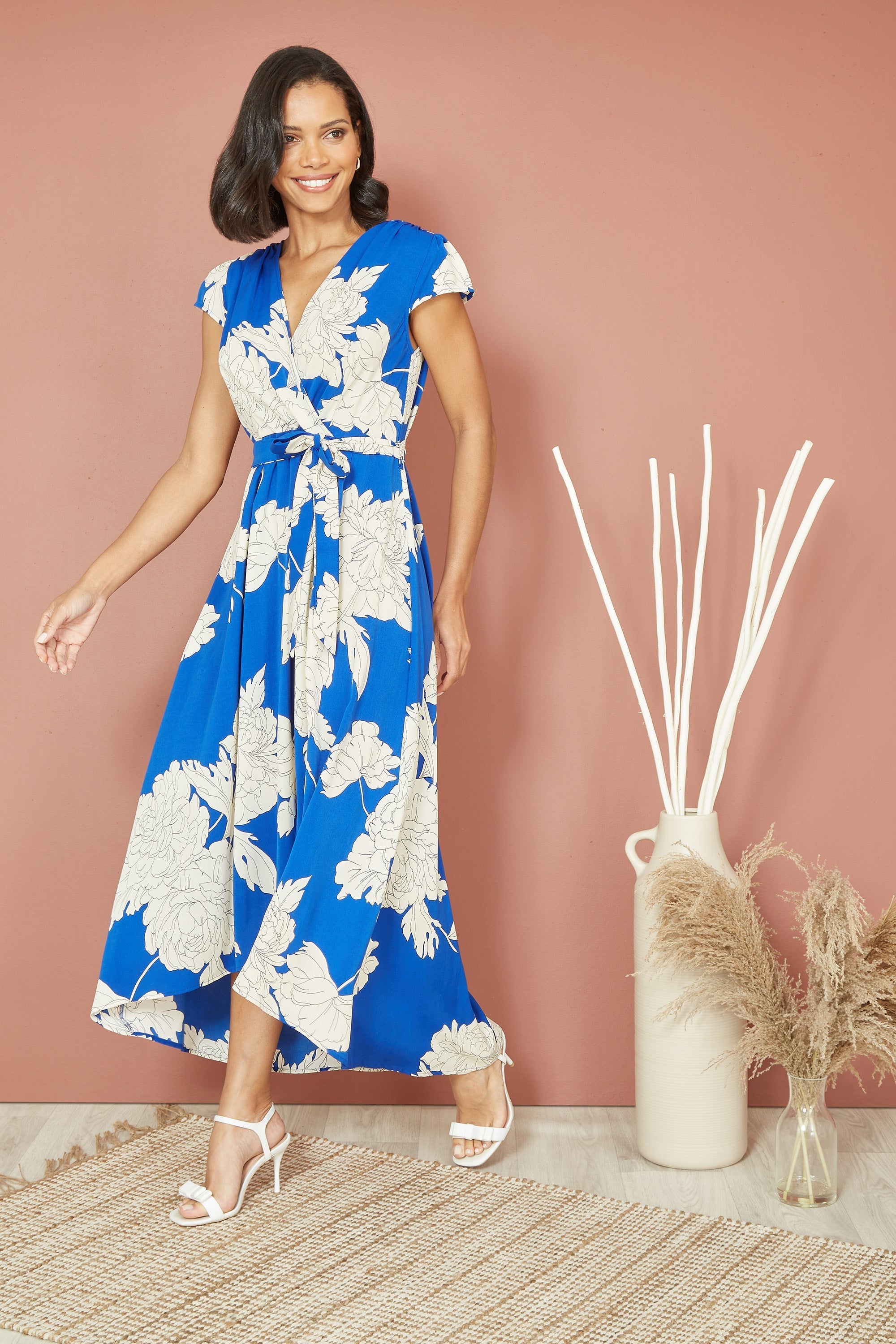 Blue Blossom Wrap Midi Dress for Women — Dipped Hem - gallery