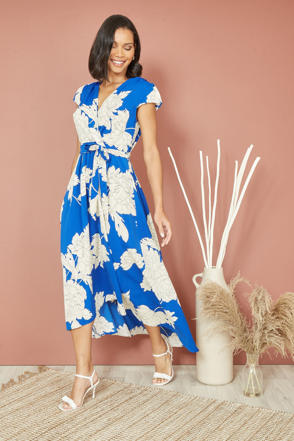 Blue Blossom Wrap Midi Dress for Women — Dipped Hem