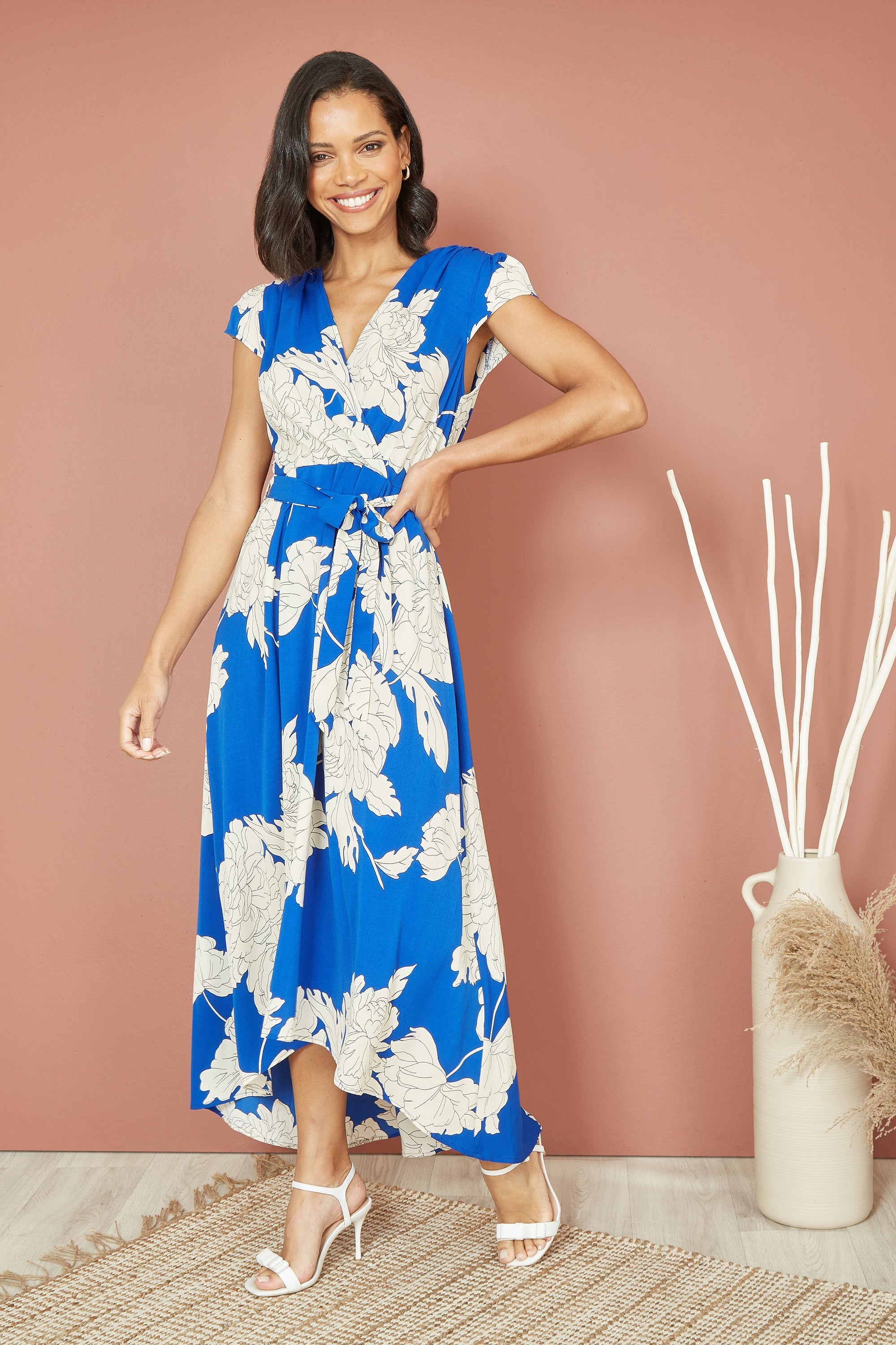 Blue Blossom Wrap Midi Dress for Women — Dipped Hem - gallery