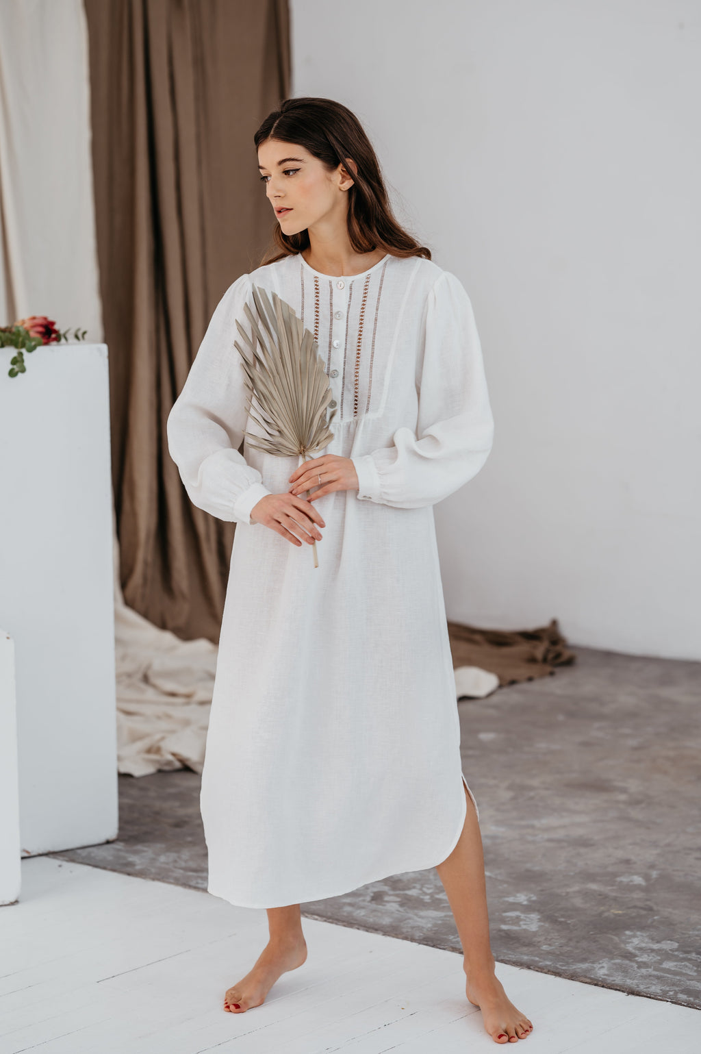 Linen Night Gown Maria with Drawnwork - gallery