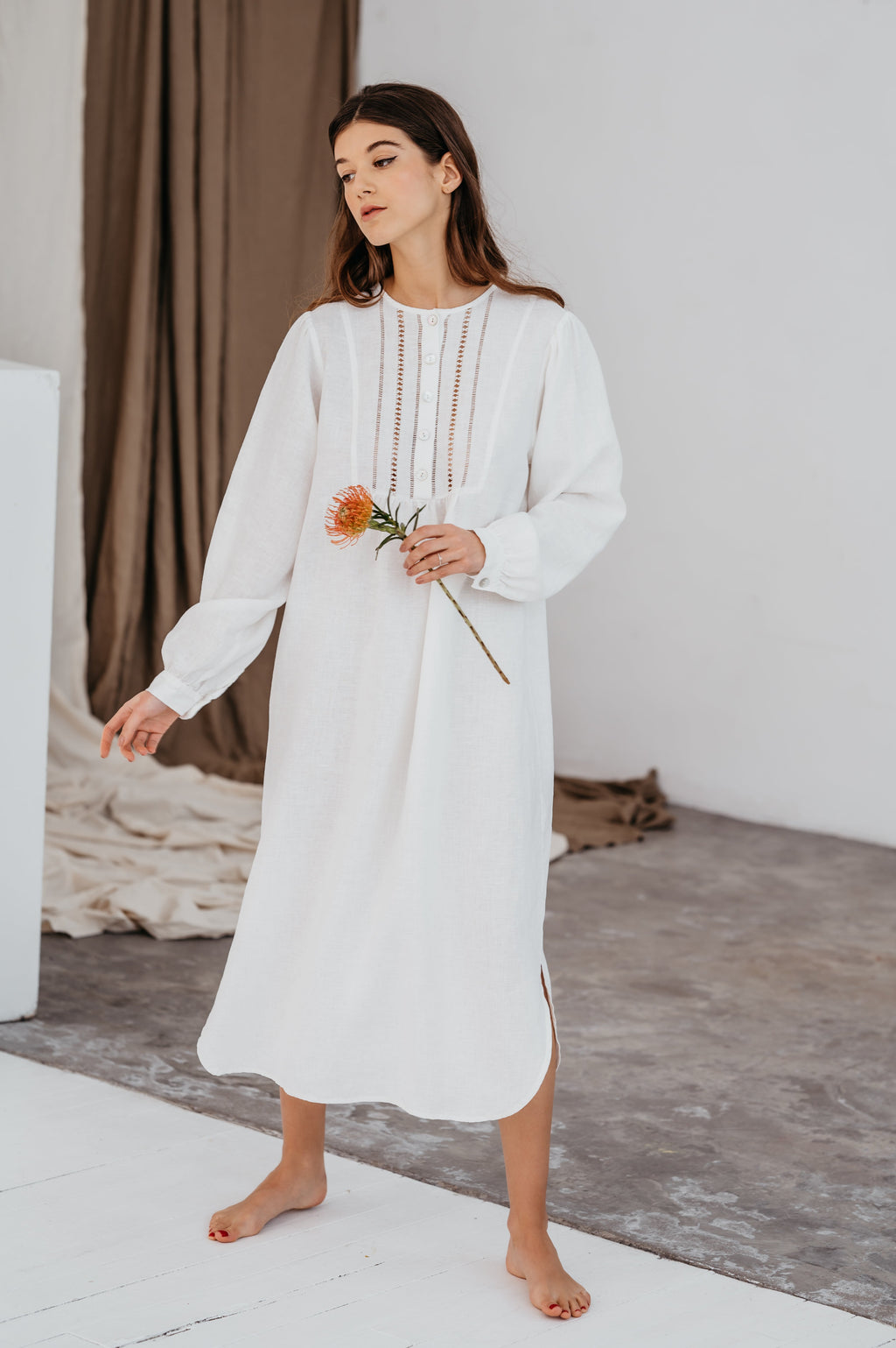 Linen Night Gown Maria with Drawnwork