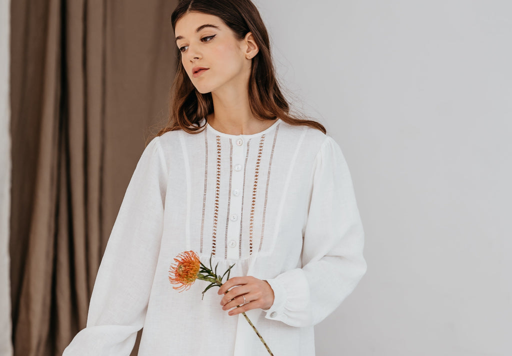 Linen Night Gown Maria with Drawnwork - gallery