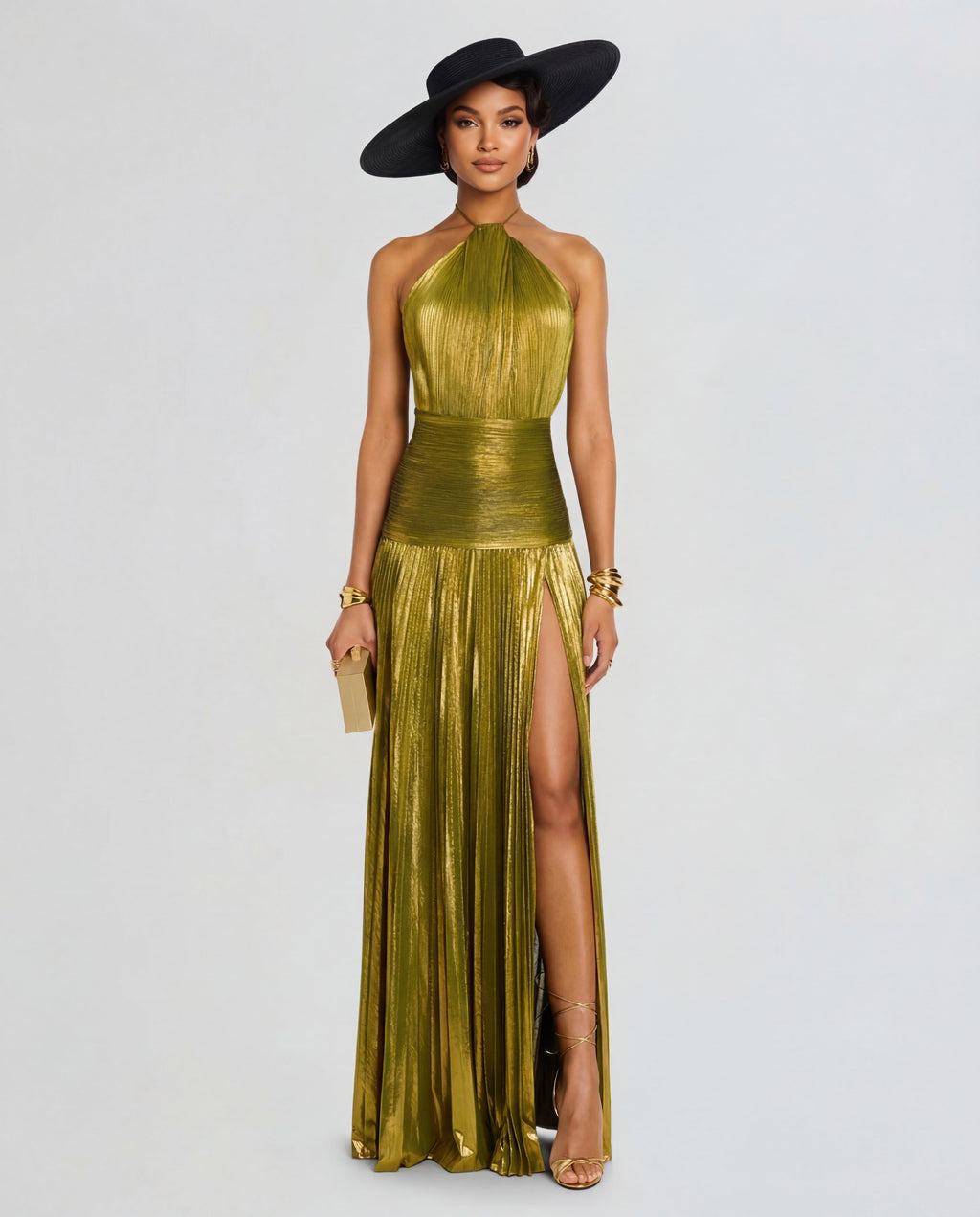 Talia Luminous Metallic Halter Maxi Dress for Women