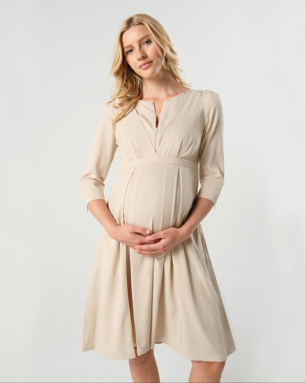 MARION ReNew - Beige Sarah Empire Maternity & Nursing Dress in TENCEL (R... — gallery