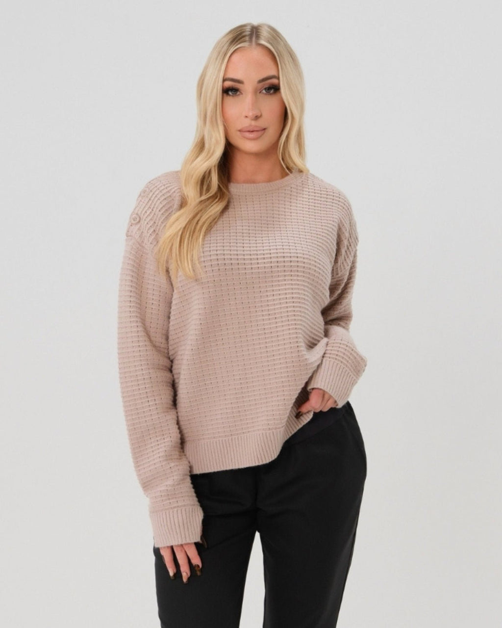 Button-Shoulder Maternity & Nursing Sweater w/Thumbhole Feature — Taupe