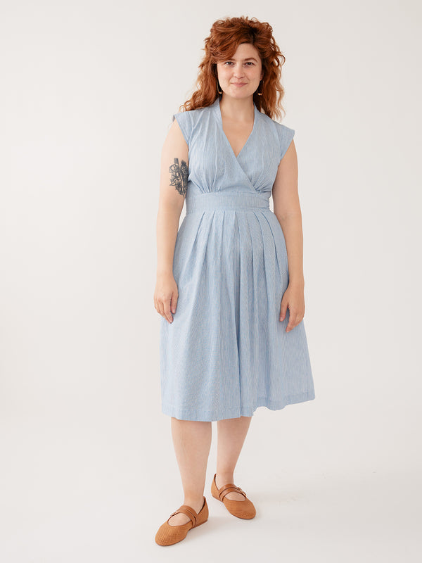 Blue Stripe Linen Fit-and-Flare Dress for Women — V Neck Pockets