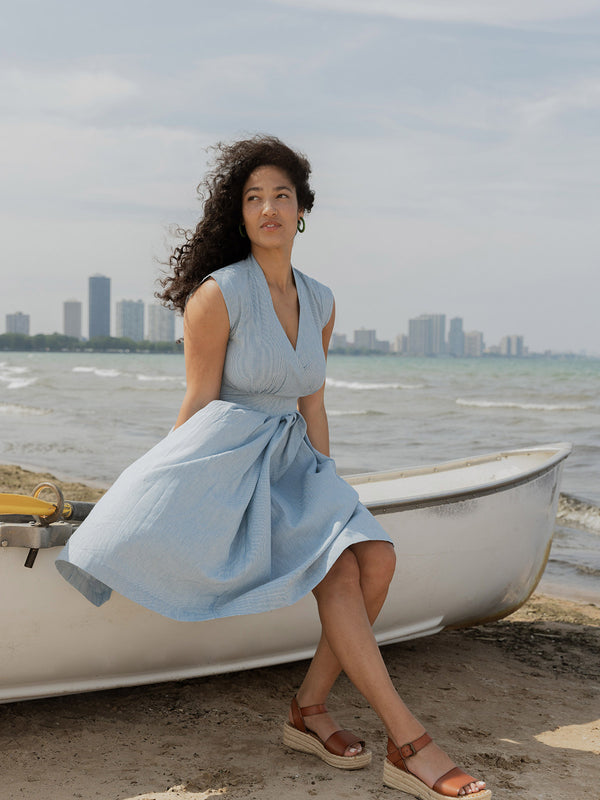 Blue Stripe Linen Fit-and-Flare Dress for Women — V Neck Pockets - gallery