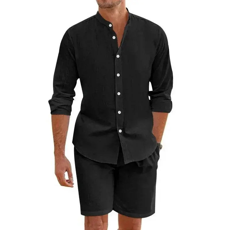 Summer Short Sleeve Shirt and Shorts Set for Men - Black