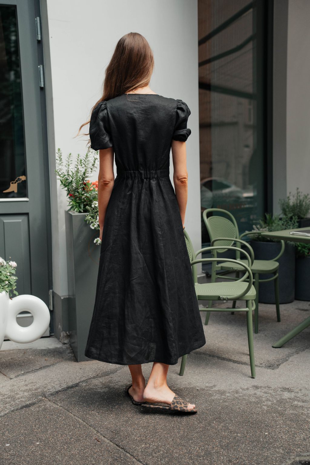 Black Linen Dress for Women — Puff Sleeves and Front Tie Knot - gallery