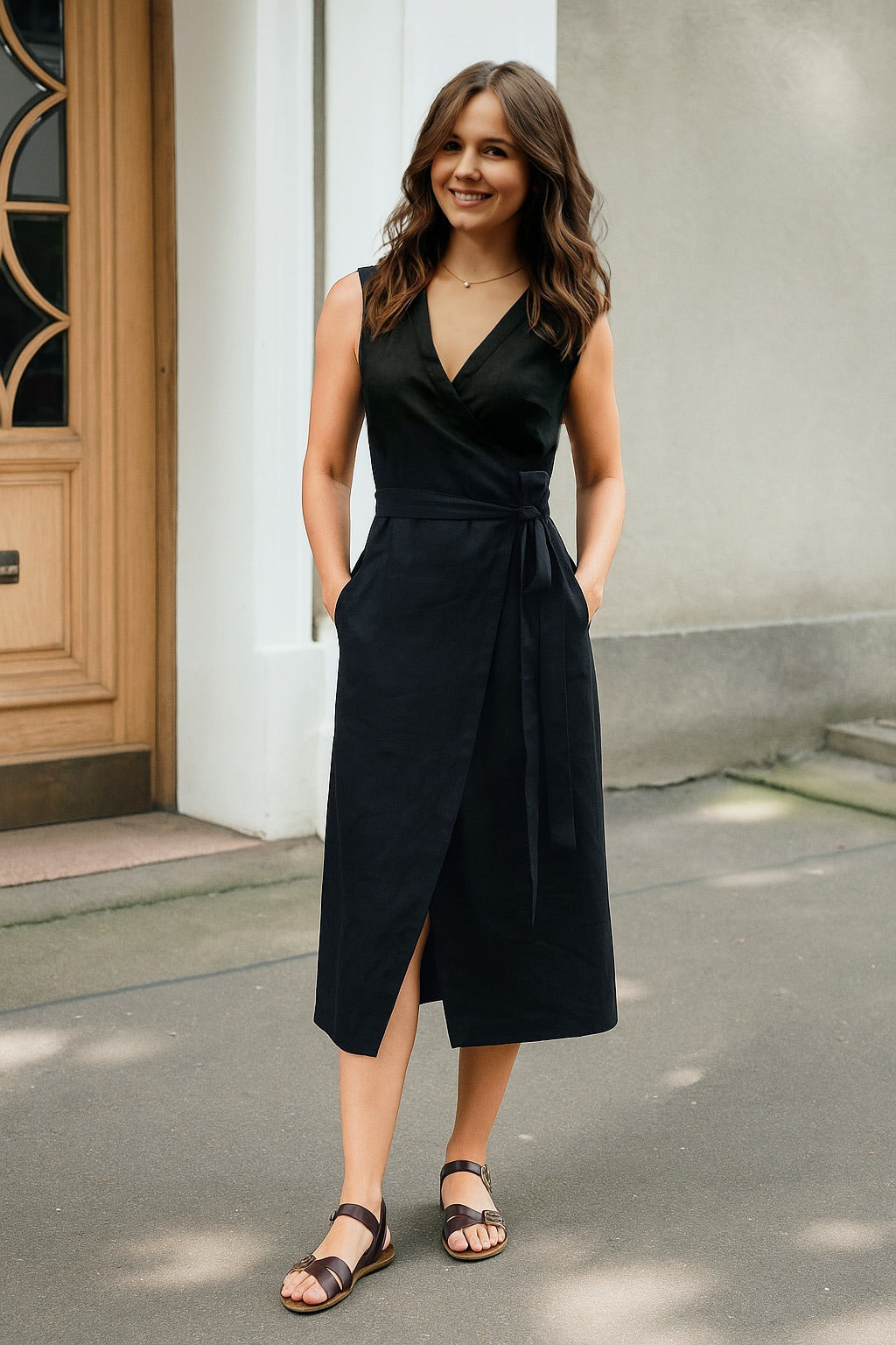 Black Linen Wrap Midi Dress for Women — Flattering Wrap Silhouette