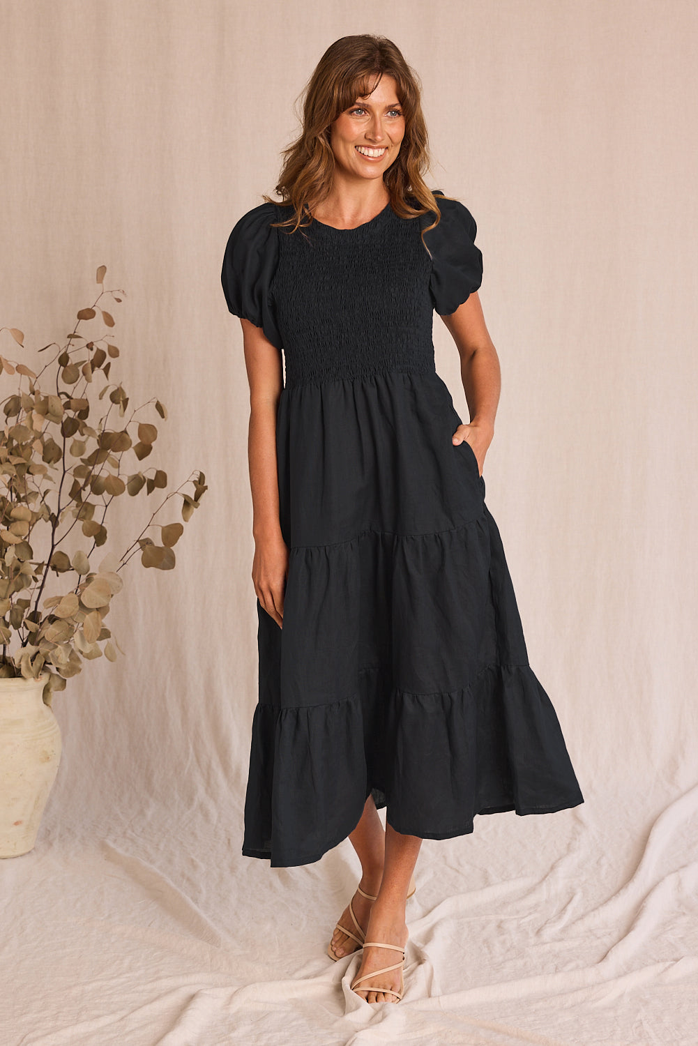 Minden Linen Shirred Short Sleeve Dress in Black — gallery
